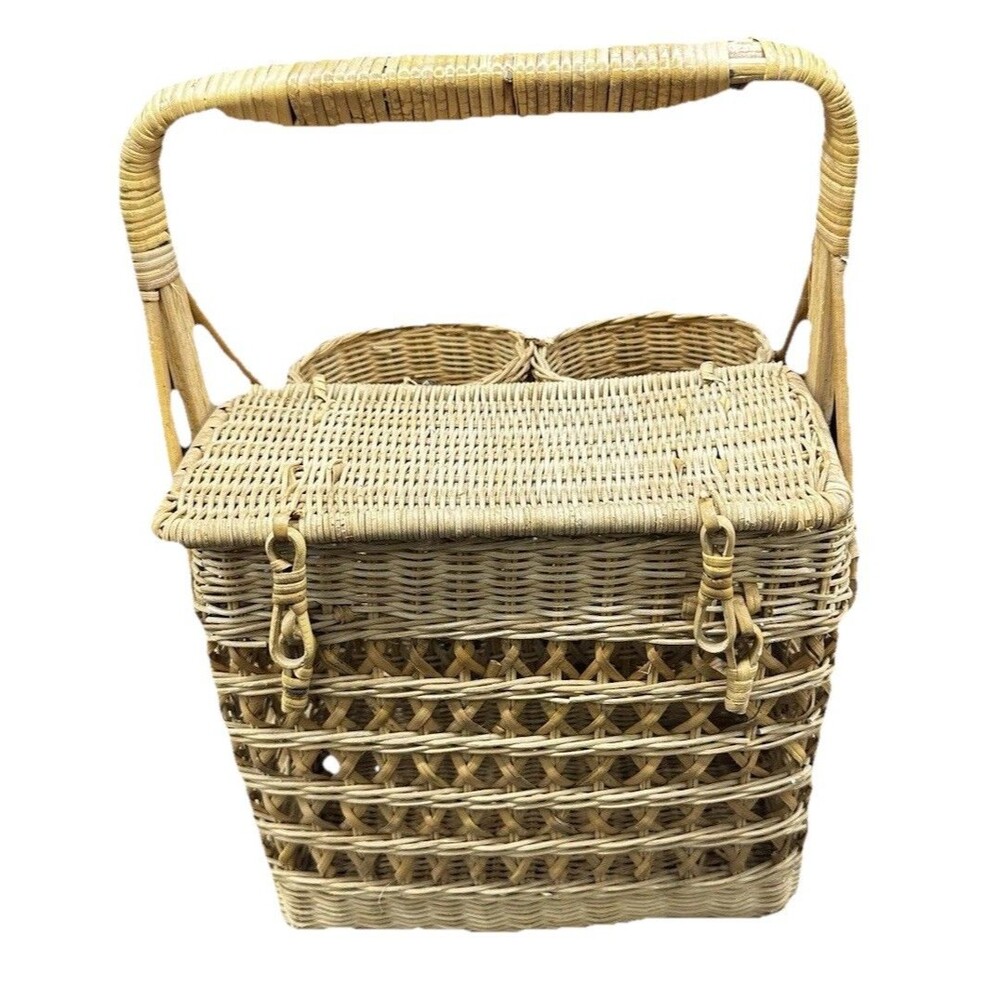 Vintage Woven Rattan Picnic Bread and Wine Basket
